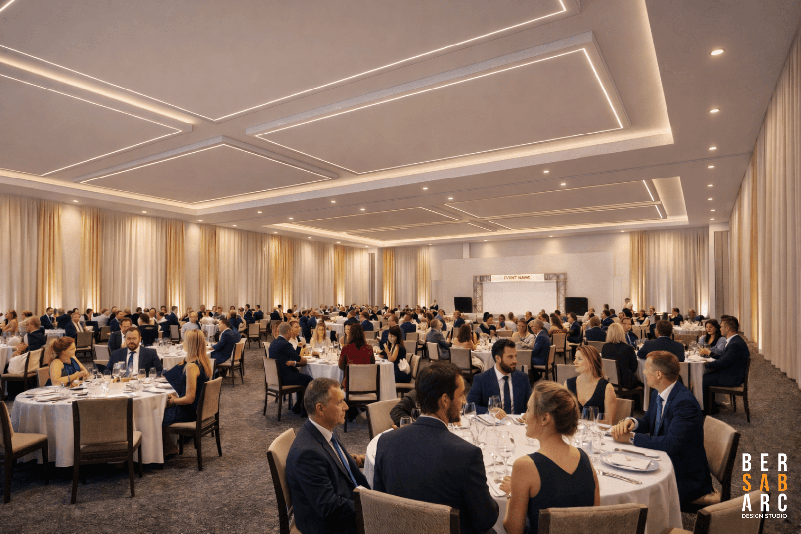 Davcon Maa function room set for a gala dinner, showcasing the dining experience